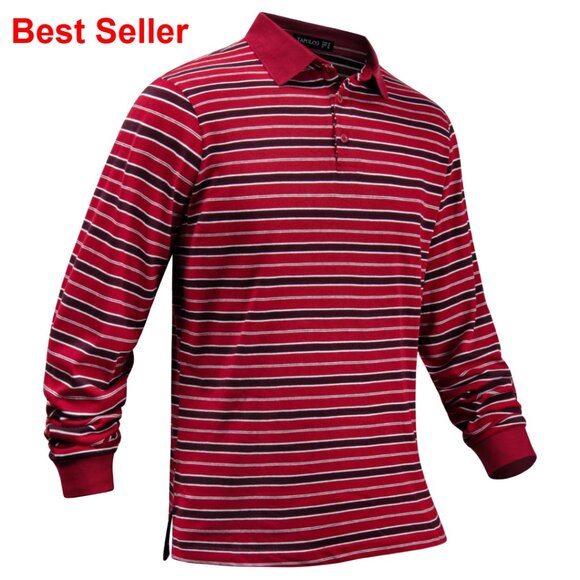 Classic Fit Striped Polo Shirt Cotton Polyester Blend Long Sleeve